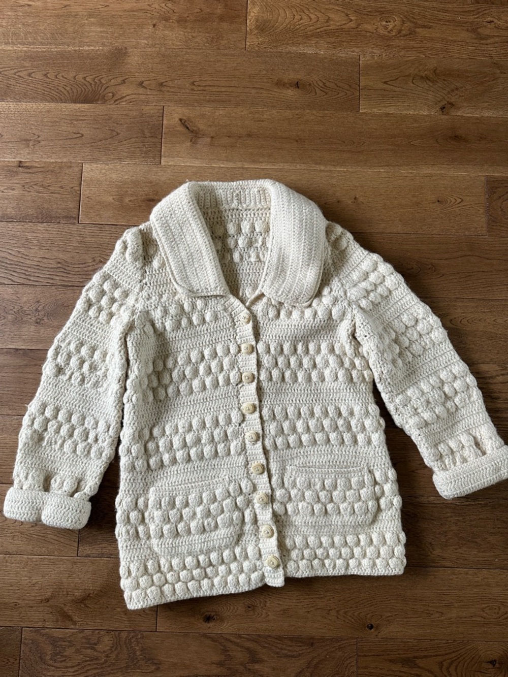 Rare Vintage Wool Chunky Textured Bobble Knit Ivory Cardigan Sweater